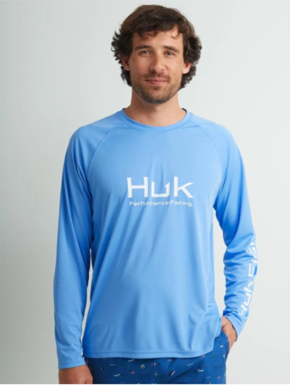 HUK Fishing Shirt Mens L Blue Crew Neck Long Sleeve Performance Gear Breathable